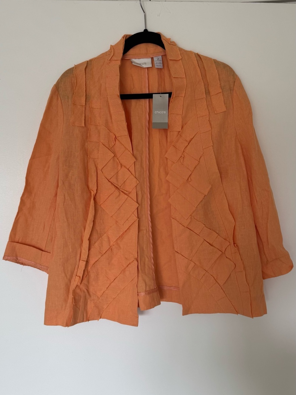 CHICO's Cross Hatch Haley Solid Marquis Orange Cotton Linen Open Jacket Size 2